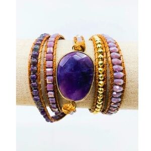 Purple Amethyst Stone Vegan Leather Bracelet